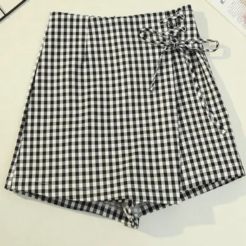 

Irregular Black Plaid Shorts Skirts Women Summer Korean Harajuku Shorts Feminino High Waist Lace-Up Bandage A Line Shorts Skirts