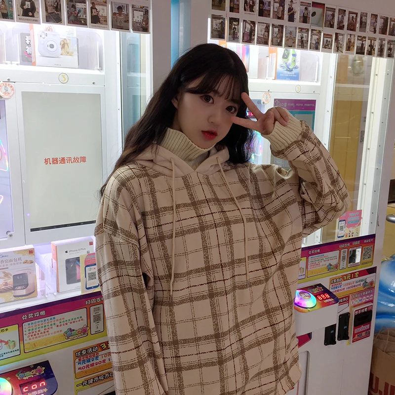 Harajuku флисовые толстовки с капюшоном больших размеров, Женские клетчатые толстовки с высоким воротом, Женские повседневные пуловеры с длинным рукавом, одежда, толстовка