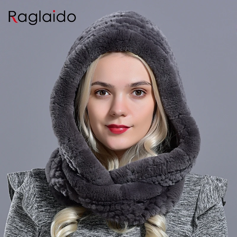 Шапка с капюшоном из кроличьего меха для женщин, зимняя теплая Новинка, вязаный меховой шарф, шапка, стильная модная Натуральная большая женская меховая шапка