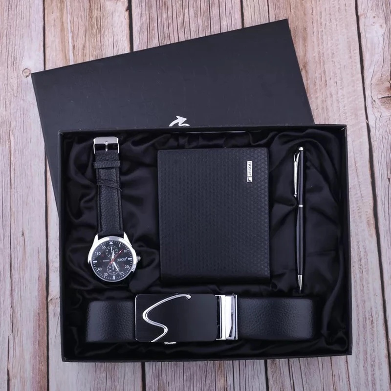 Fashion Luxury Men's Watch Leather Belt Folding Wallet Ballpoint Pen Gifts Sets for Men High Quality Gift for Boyfriend Husband