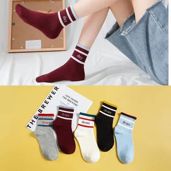 

Cute Cartoon Women Socks Soft Cotton Korean Harajuku Striped Socks 5Pairs Letter Print Strawberry Middle Tube Winter Happy Socks