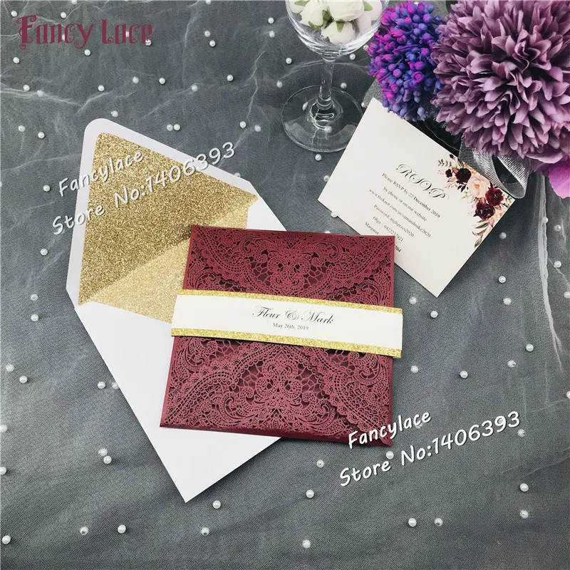 50pcs New Laser Cut Lace Wedding Invitations Cards with glitter envelopes, Elegent Wedding Favors and Gift customized Card