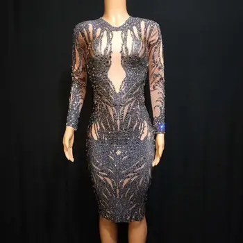 

High Quality Long Sleeve7896 Beading Bodycon Dress DJ Club Party Dancer Costume