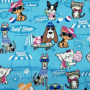 

Good Lt. Blue Digital printing Dog Fabric Cotton Fabric Patchwork Cat Print Fabric Sewing Material DIY Children Dress/T-shirt