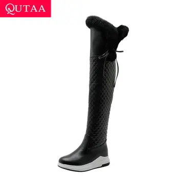 

QUTAA 2020 Round Toe Wedges Winter Warm Fur Over The Knee High Boots Square Heel PU Leather Lace Up Women Shoes Big Size 34-43