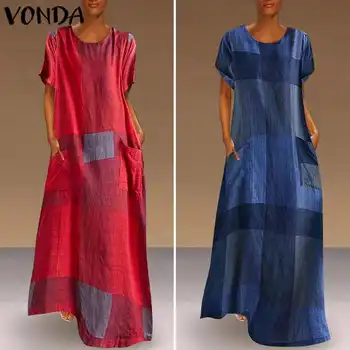 

VONDA Women Maxi Dress Casual Patchwork Plaid Party Dresses 2020 Summer Beach Sundress Plus Size Bohemian Vestidos S-5XL Robe