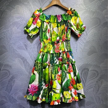 

Seifrmann Women Fashion Autumn Runway Short Dress Ruffles Elastic Waist Sexy Slash neck Floral Print Ladies Party Cotton Dresses