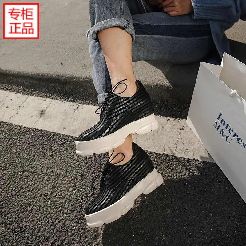 

2019 Spring New Style Genuine Leather Stripes Platform Shoes Deep Mouth Lace-up round-Toe Waterproof Platform WOMEN'S Shoes Elev