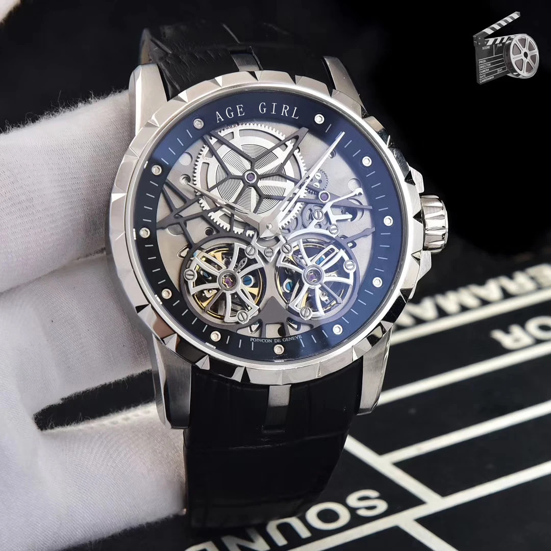 

Luxury Brand New Men Automatic Mechanical Silver Rose Gold Black Brown Leather Two Tourbillion 46 Sapphire Watch 47MM Skeleton