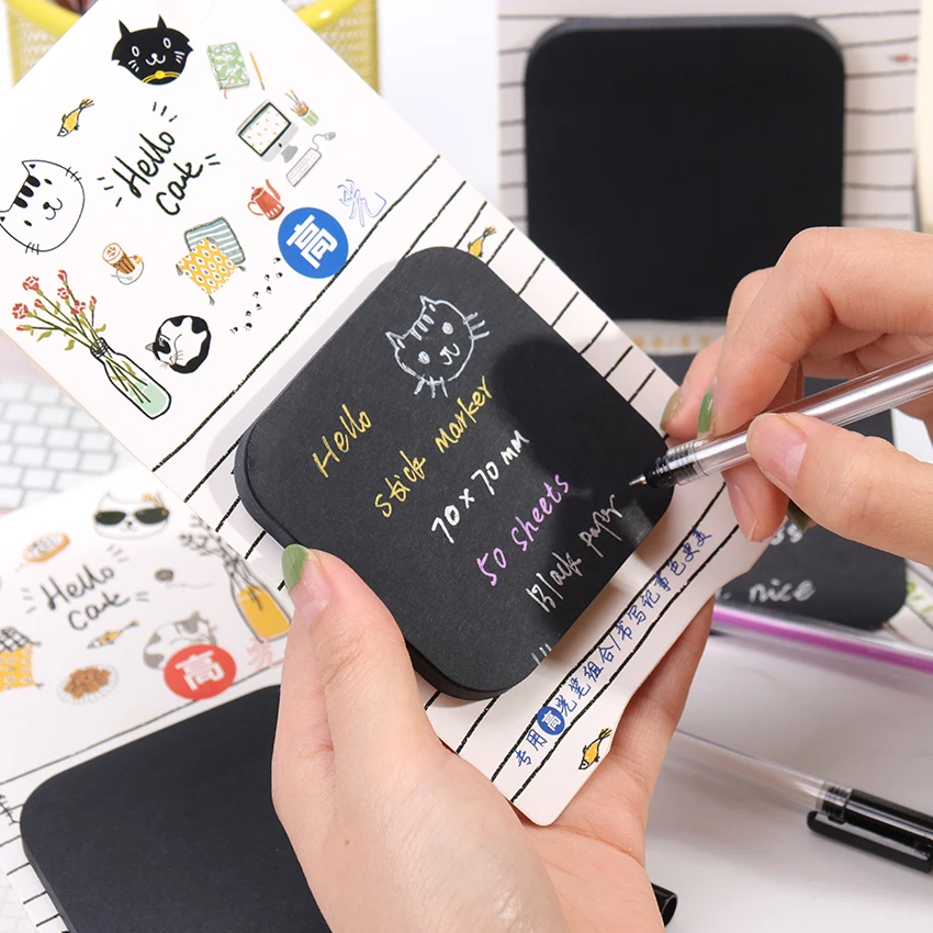 50 Sheets Black Paper Memo Pads Highlighter Pen Set Message Counting N Times Sticky Paper Plan Student Stationery