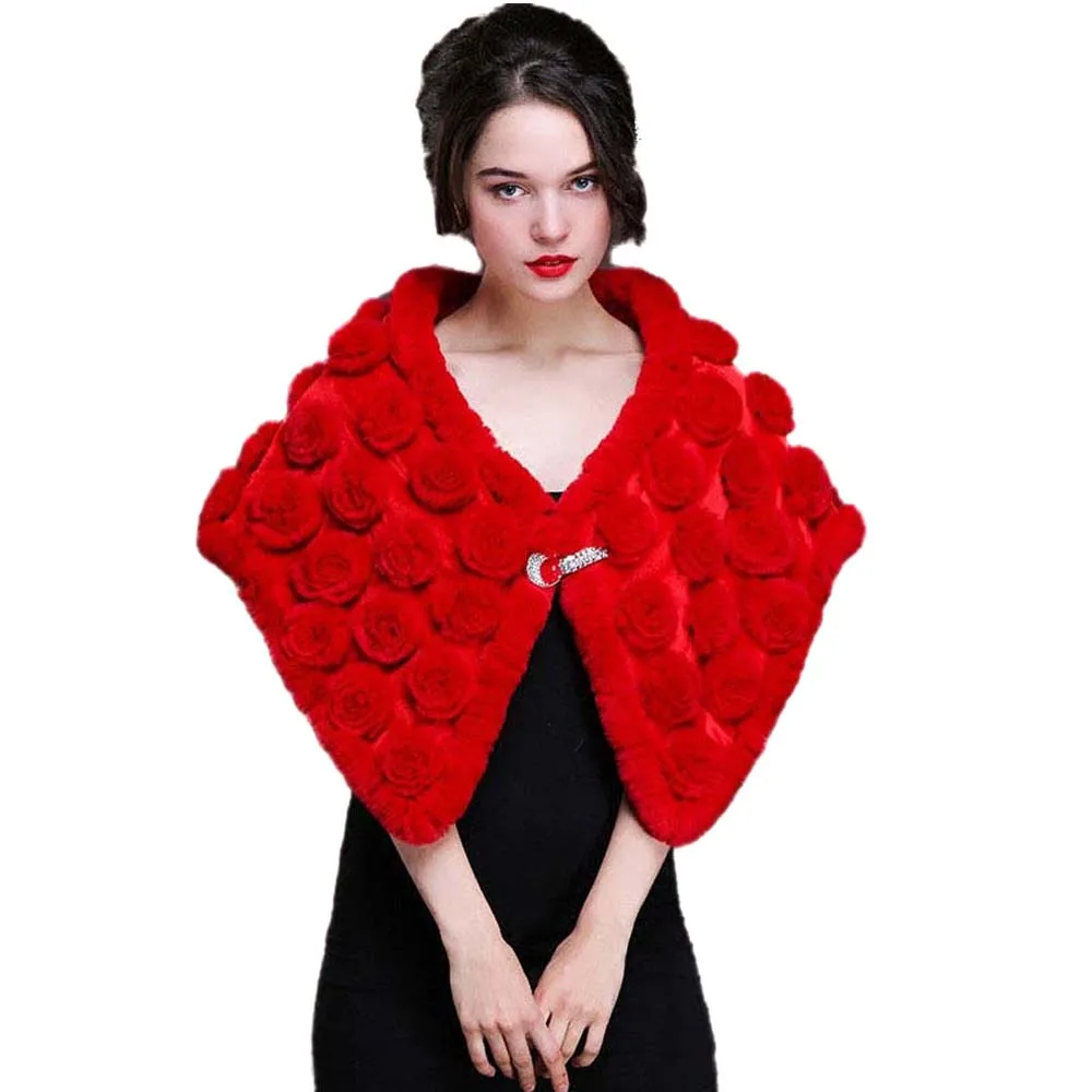 Real Fur Shawl Wraps Rex Rabbit Fur Warm Rose Cape Women Wedding Party 140*40cm - Цвет: Red