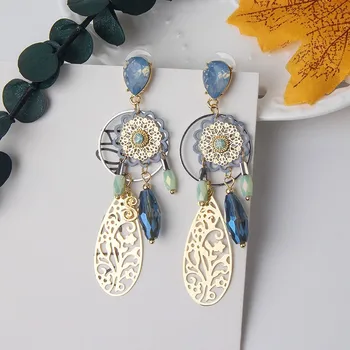 

Dominated contracted Korean Vintage style Long tassels Drop earrings Women joker new metal Hollow flowers fine crystal earrings