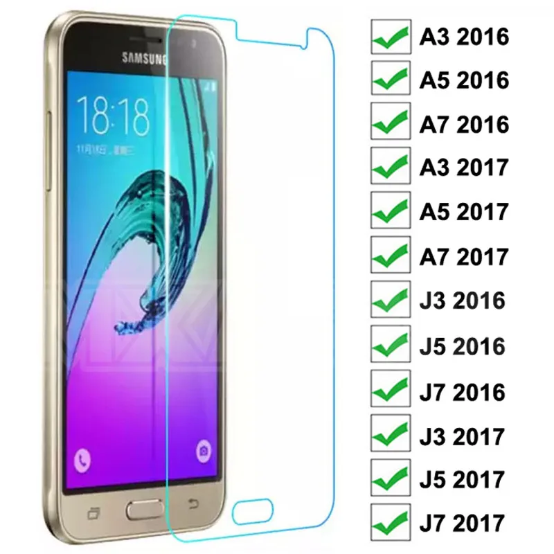 Protector de pantalla de vidrio templado 9H para Samsung Galaxy J3, J5, J7, A3, A5, A7, 2016, 2017