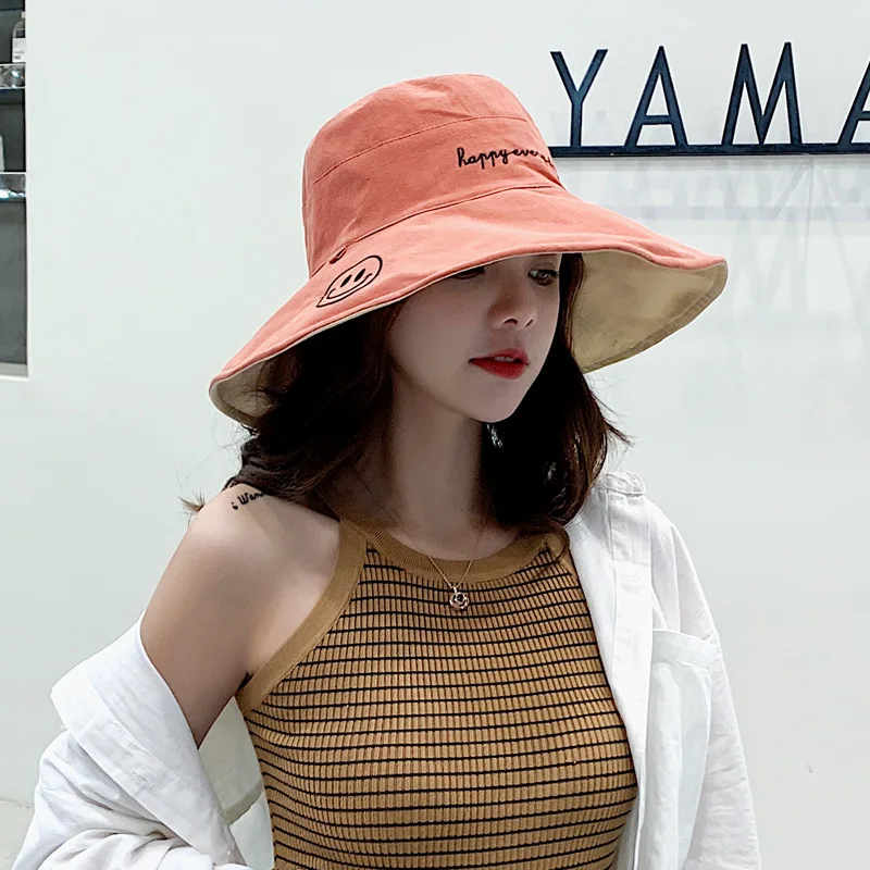 Двухсторонняя одежда ведро шляпа для женщин harajuku корейский стиль с смайликом лицо вышивка Защита от солнца шапки для женщин B03