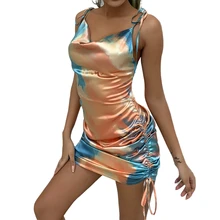 

Women Sleeveless Short Beach Dress Satin Mini Dress Ruched Pleated Drawstring Casual Dress Female Vestidos NS0060