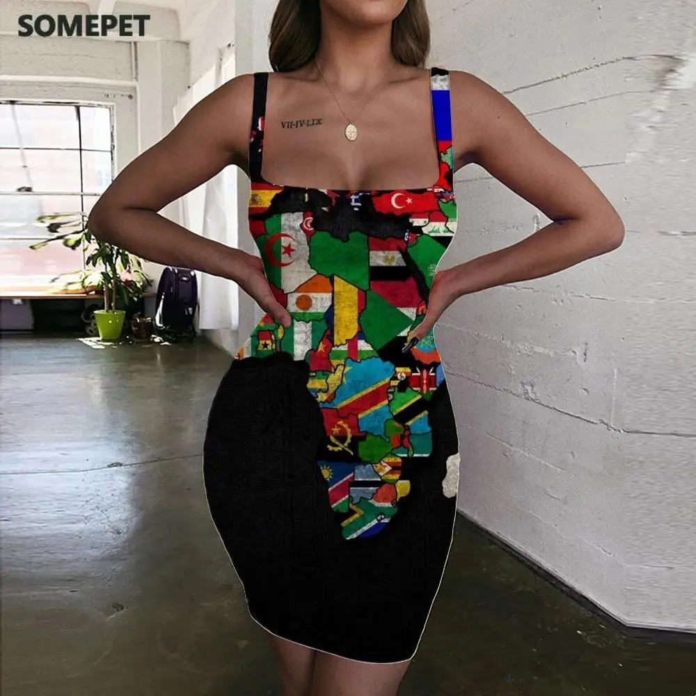 

SOMEPET World Map Dress Women Colorful Bodycon Dress Harajuku 3d Print Graffiti Ladies Dresses Womens Clothing Mini Evening
