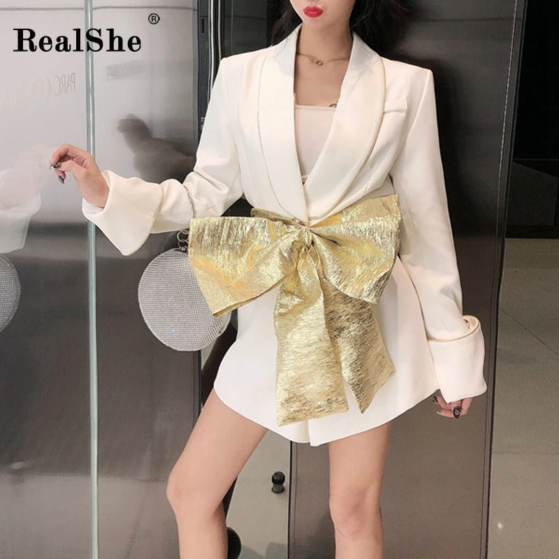 RealShe, женский комбинезон с бантом, элегантный комбинезон с отворотом, женский комбинезон с длинным рукавом, весенний повседневный элегантный однотонный комбинезон, женский комбинезон