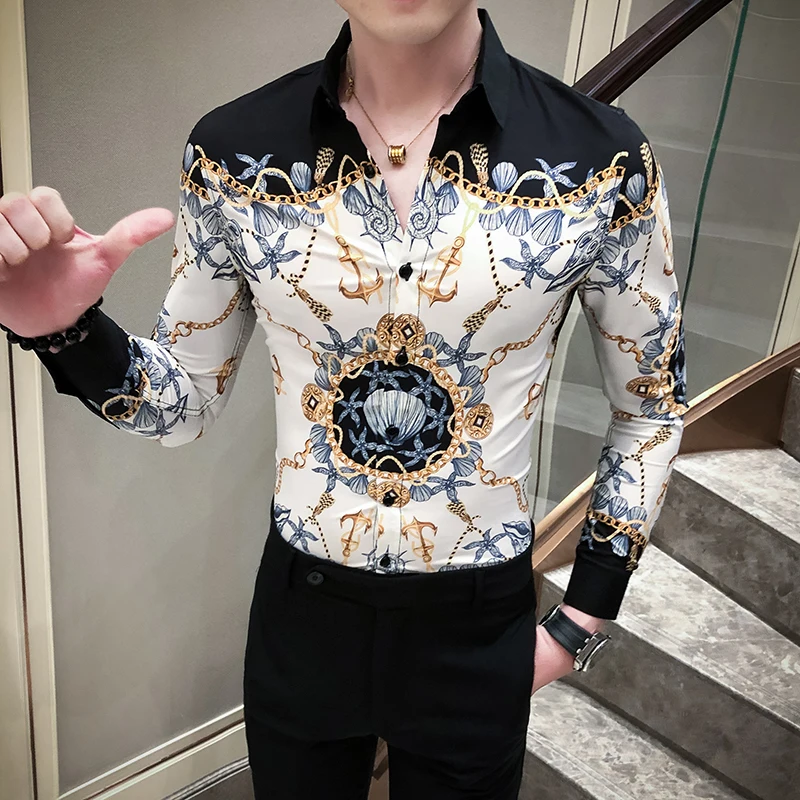 Baroque Luxury Print Shirt Men Gold 