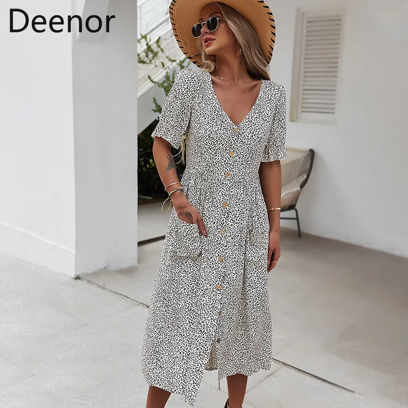 

Deenor Sexy Leopard Print V Neck Dress Short Sleeve Long Dresses High Waist Buttons Pocket Summer Dress 2021 Clothes for Women