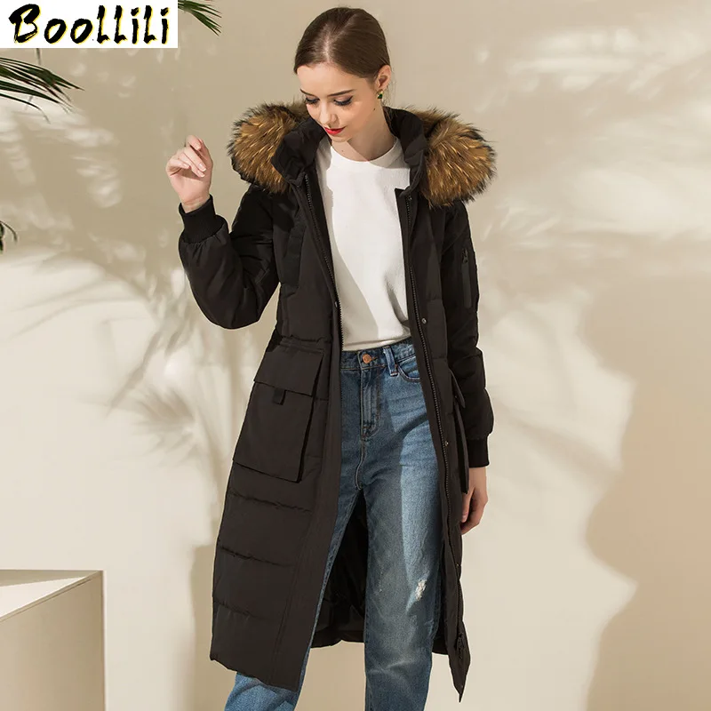 

Boollili White Goose Down Jacket Women Real Racoon Fur Collar Long Coat Female Luxury Jackets with Belt Parkas Mujer