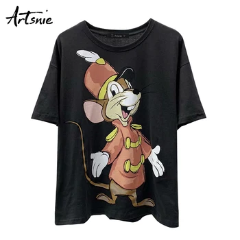 

Artsnie black casual cartoon print women t shirt summer 2020 o neck short sleeve tops female streetwear oversized t-shirt mujer