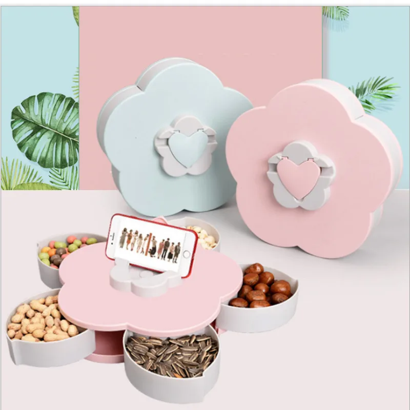 pink Creative Plastic Floral Rotate Open Dried Fruit Flower Plate Candy Snack Plates Pink and Blue - Цвет: pink