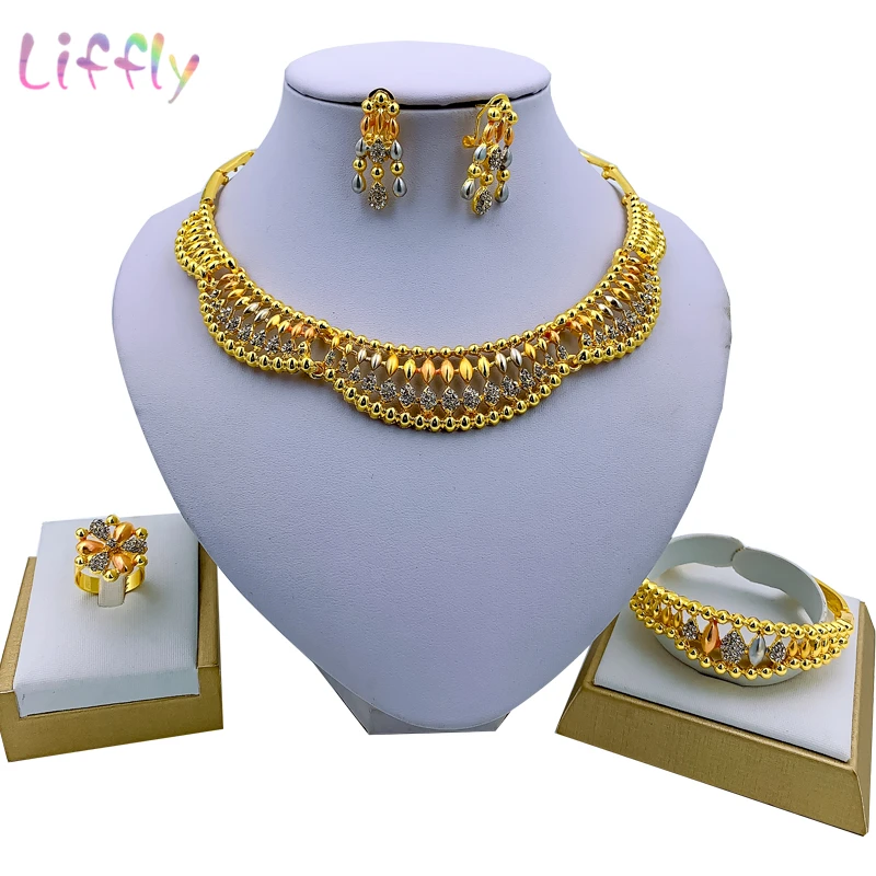 

Liffly Nigeria Charm Bridal Jewelry Sets Necklace Bracelet Earrings Ring Jewelry Party Women Fashion Jewelry Set