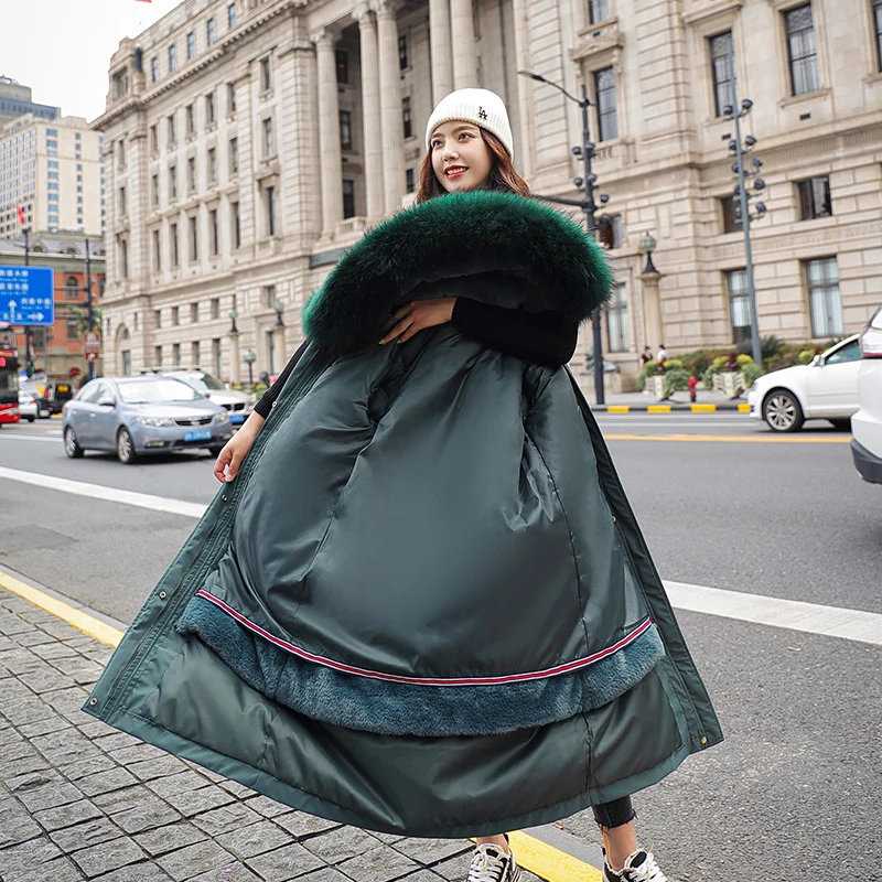 

Женская зимняя куртка на шерстяной подкладке, однотонная Толстая длинная парка большого размера с капюшоном и меховым воротником, облегающая женская верхняя одежда в Корейском стиле
