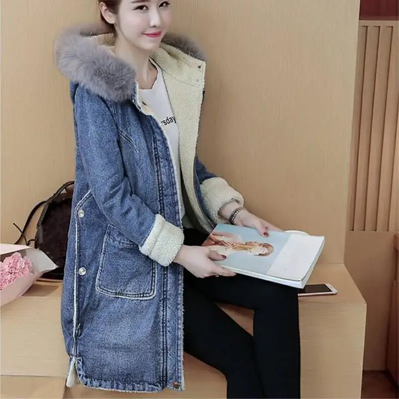 

Women Winter Thick Jean Jacket Fur Collar Fleece Hooded Denim Coat Long Female Lamb Fur Padded Warm Denim Jacket