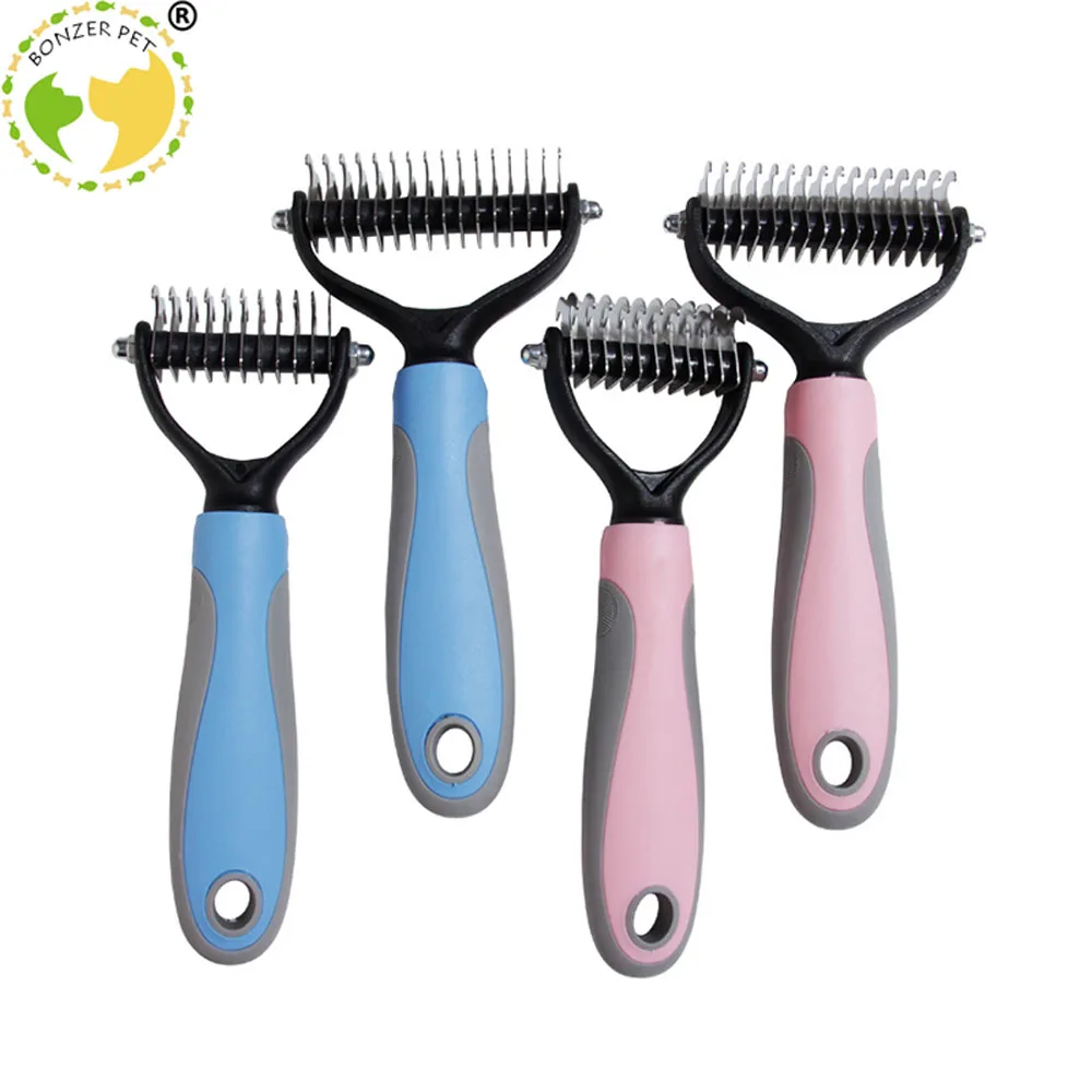 Bonzerpet-cepillo de doble cara de acero inoxidable para mascotas peine para quitar el pelo de perros y gatos, hoja de Deshedding para Pelo Largo mate