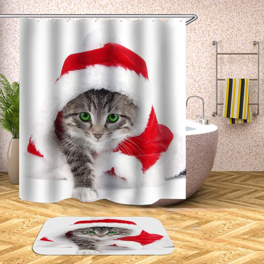 Новогодняя занавеска для душа кошка собака Рождественская шапка Водонепроницаемая занавеска для ванной s ванная комната для ванны крышка для купания большой широкий 12 шт. крючки