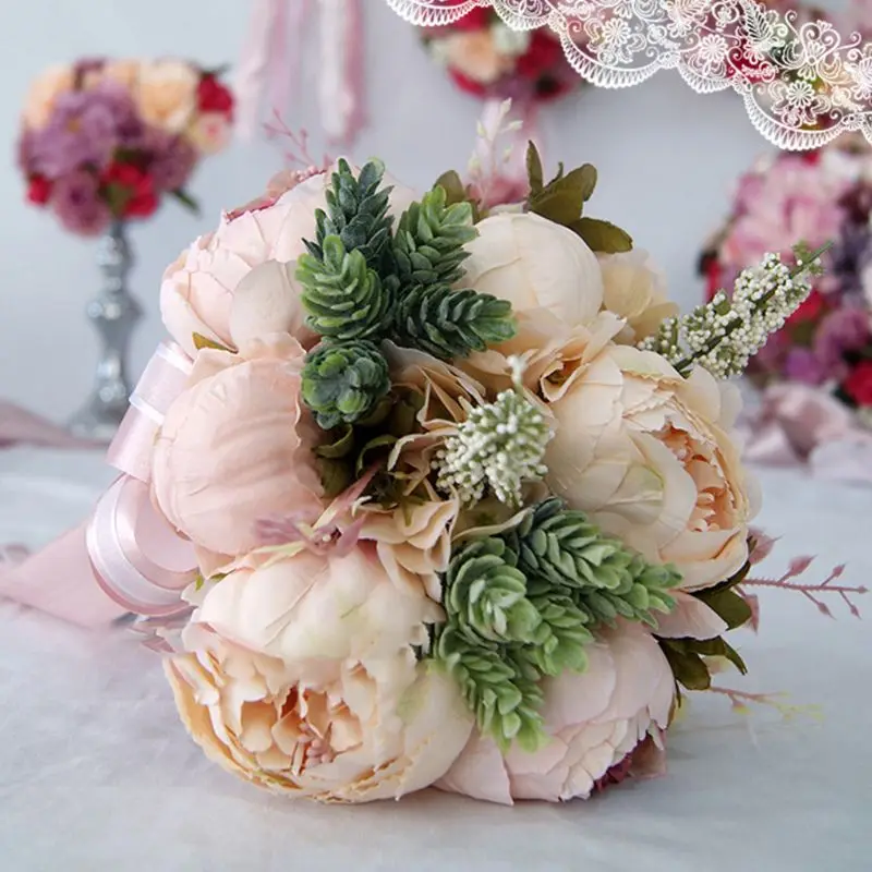 

European Vintage Bridal Wedding Bouquet Artificial Dusty Peony Flowers Fake Succulent Plant Lace Ribbon Bridesmaid Party Decor