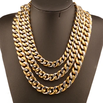 

11/13/15mm Hip-hop 316L Stainless Steel Silver Color&Gold Cuban Curb Chain Mens Womens Necklace or Bracelet Trendy Jewelry 7-36"