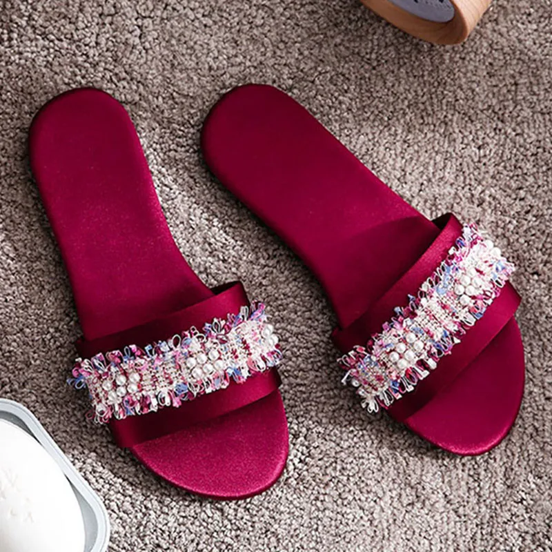

New Fashion Women Slippers Flat Open Toe Satin Slippers Soft Bottom Home Indoor Ieisure Slippers Pearl Bright Diamond Slippers