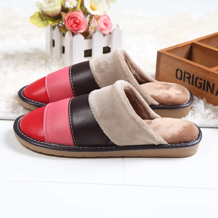 Female rainbow dark Winter New Rainbow Couples Home Slippers Indoor Warm Non-slip Beef Tendon Slippers High Quality Soft Leather Casual Men Shoes - Цвет: Female rainbow dark