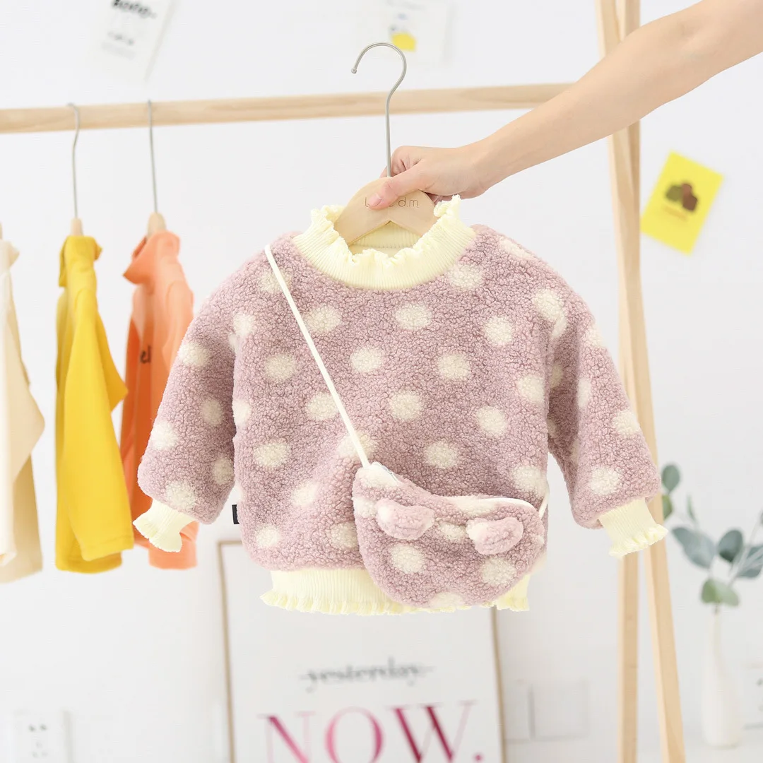 WLG winter kids t shirts warm polka dot casual clothes girls velvet fashion tops with bag