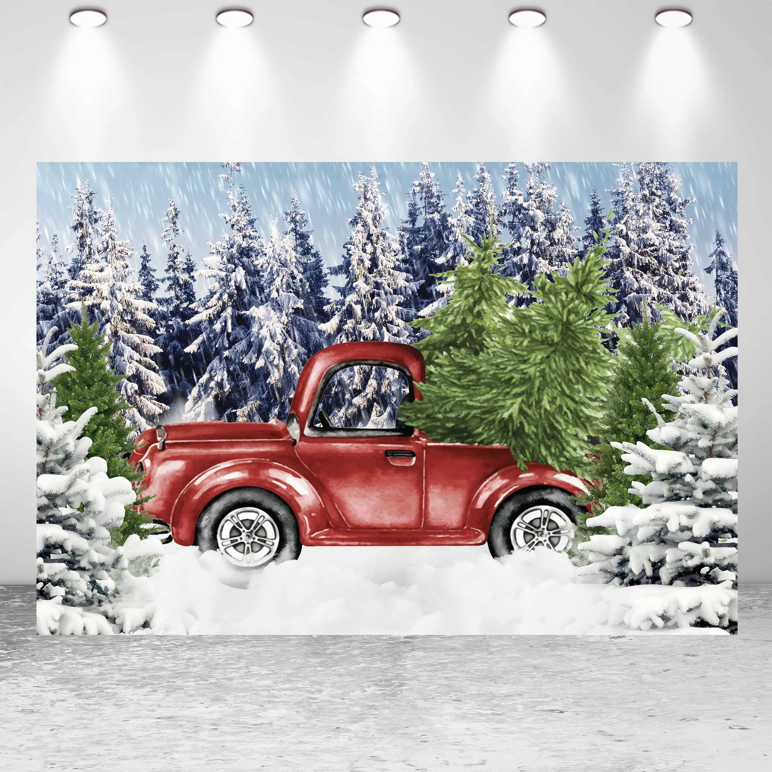 

NeoBack Merry Christmas Pickup Truck Gift Christmas Tree Fence Forest Snowfla Party Banner Photo Backdrop Photography Background