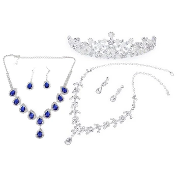 

2 Set Necklace Earrings Jewelry Set Necklace and Earrings Rhinestone Diadem for Bridal Wedding, Gold & Blue