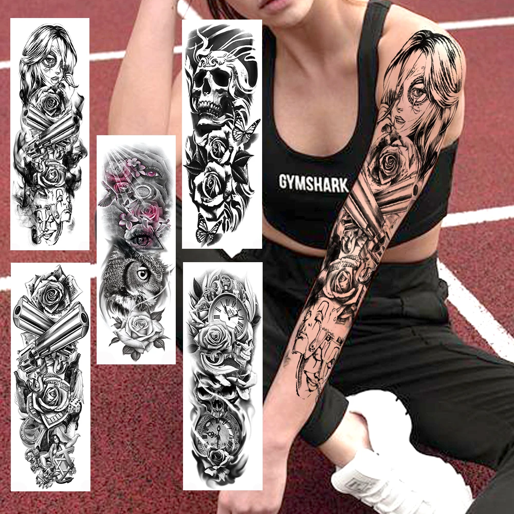 Full Arm Temporary Tattoos Sticker Realistic Fake DIY Gangster Gun Mask Skull Eyes Large Size Black Sleeve Tatoos For Women Men | Красота и