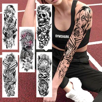 

Full Arm Temporary Tattoos Sticker Realistic Fake DIY Gangster Gun Mask Skull Eyes Large Size Black Sleeve Tatoos For Women Men