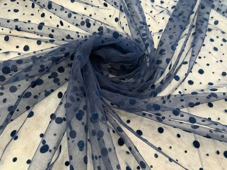 3 yards navy blue tulle fabric with velvet polka dots | Дом и сад