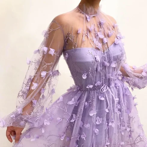Vestidos elegantes Lavender вечерние платья трапециевидной формы с длинными рукавами ручной работы с цветочной аппликацией с высоким воротом С Боковым Разрезом платья для выпускного вечера