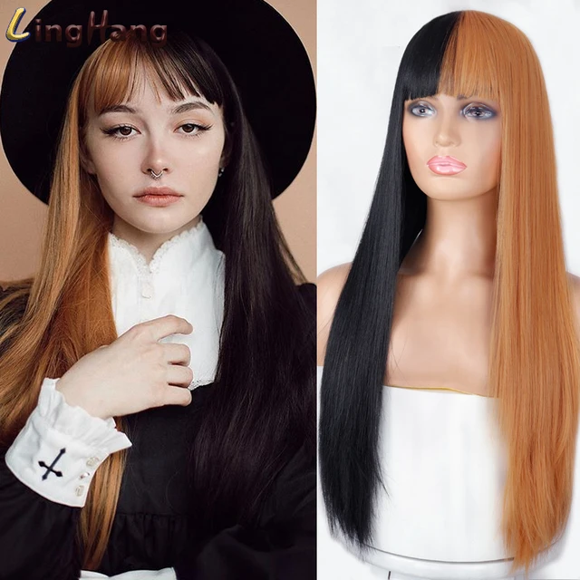 Linghang Gray and Black Wig Long Straight hair Cosplay Wig Two Tone Ombre Color Women Synthetic Hair Wigs 1B/27HL