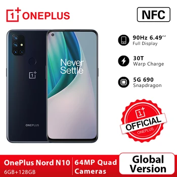 Перейти на Алиэкспресс и купить Глобальная версия OnePlus Nord N10 5G 6 ГБ 128 Snapdragon 690 смартфон 6,49 дюйм90 Гц Дисплей 64MP Quad камеры 30 Вт Warp зарядка NFC; промо код: LUCKY1500 P18000-1500