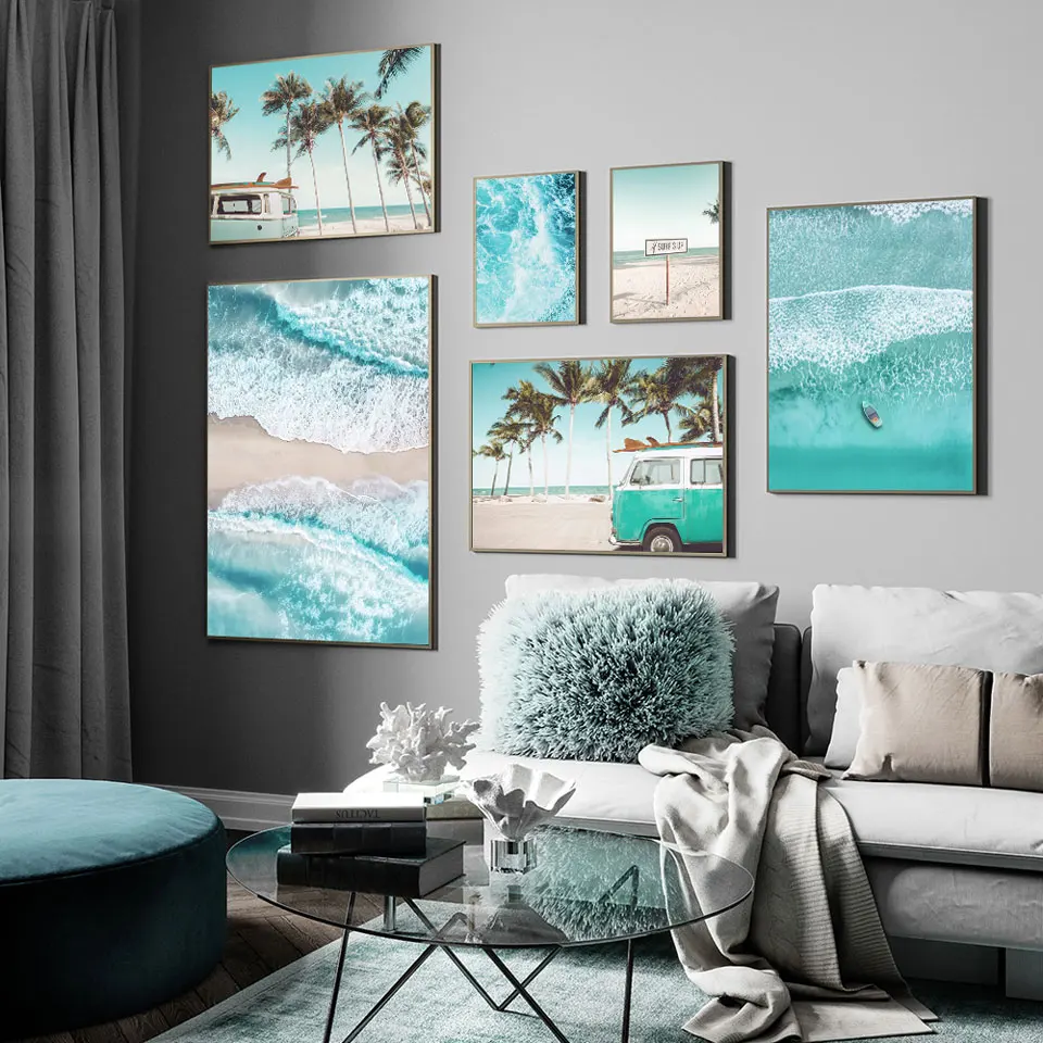 Scandinavian Tropical Landscape Posters Modern Prints Sea Beach Bus Palm Tree Wall Art Canvas Painting Nordic Decoration Picture | Дом и сад