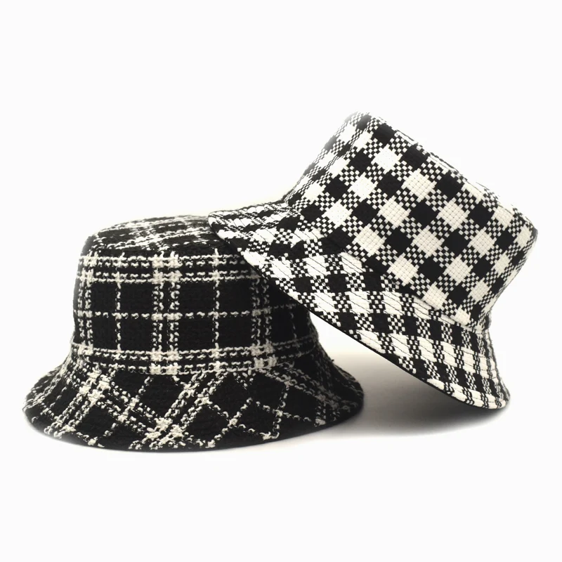 FUODRAO New Spring Autumn Women Hat White Black Plaid Bucket Hat Reversible Casual Panama Outdoor Fisherman Hat M78