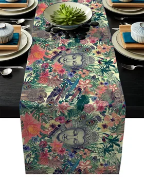 

Colorful Leaves Flowers Feather Buddha Modern Table Runners Cloth Party Wedding Decoration Table Runner Dining Table Cover