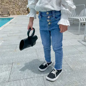

Autumn New Arrival Korean style cotton all-match tight elastic jeans long pants with buttons for fashion cool cute baby girls