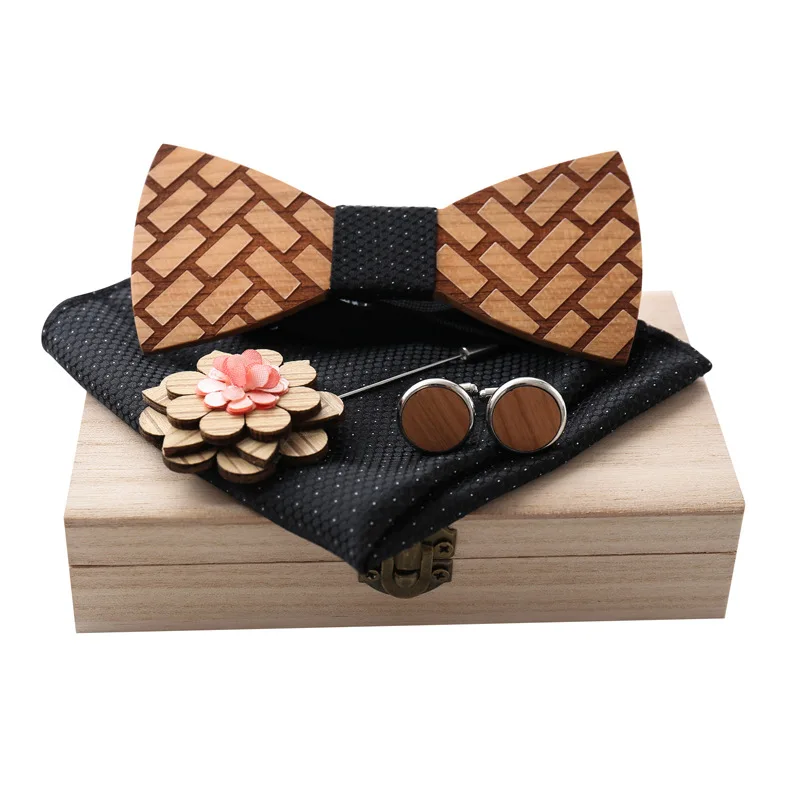 4PCS BOW TIE SET Элегантный мужской свадебный плед полосатый деревянный галстук-бабочка запонки набор деревянный цветок булавки броши платок Карманный квадратный галстук-бабочка - Цвет: 4PCS BOW TIE SET