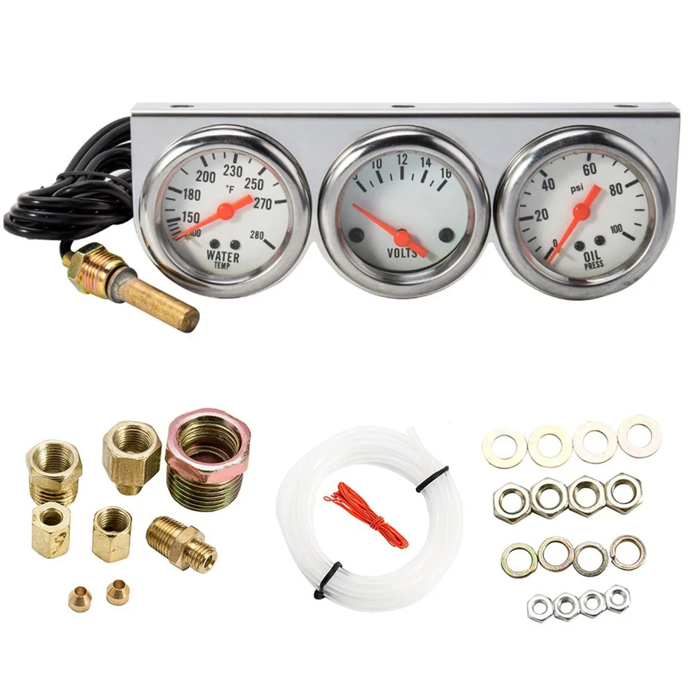 

Universal Car 2'' 52mm Chrome Volt +Water Temp Gauge +Oil Pressure Gauge Triple 3 Gauge Set Gauges Kit